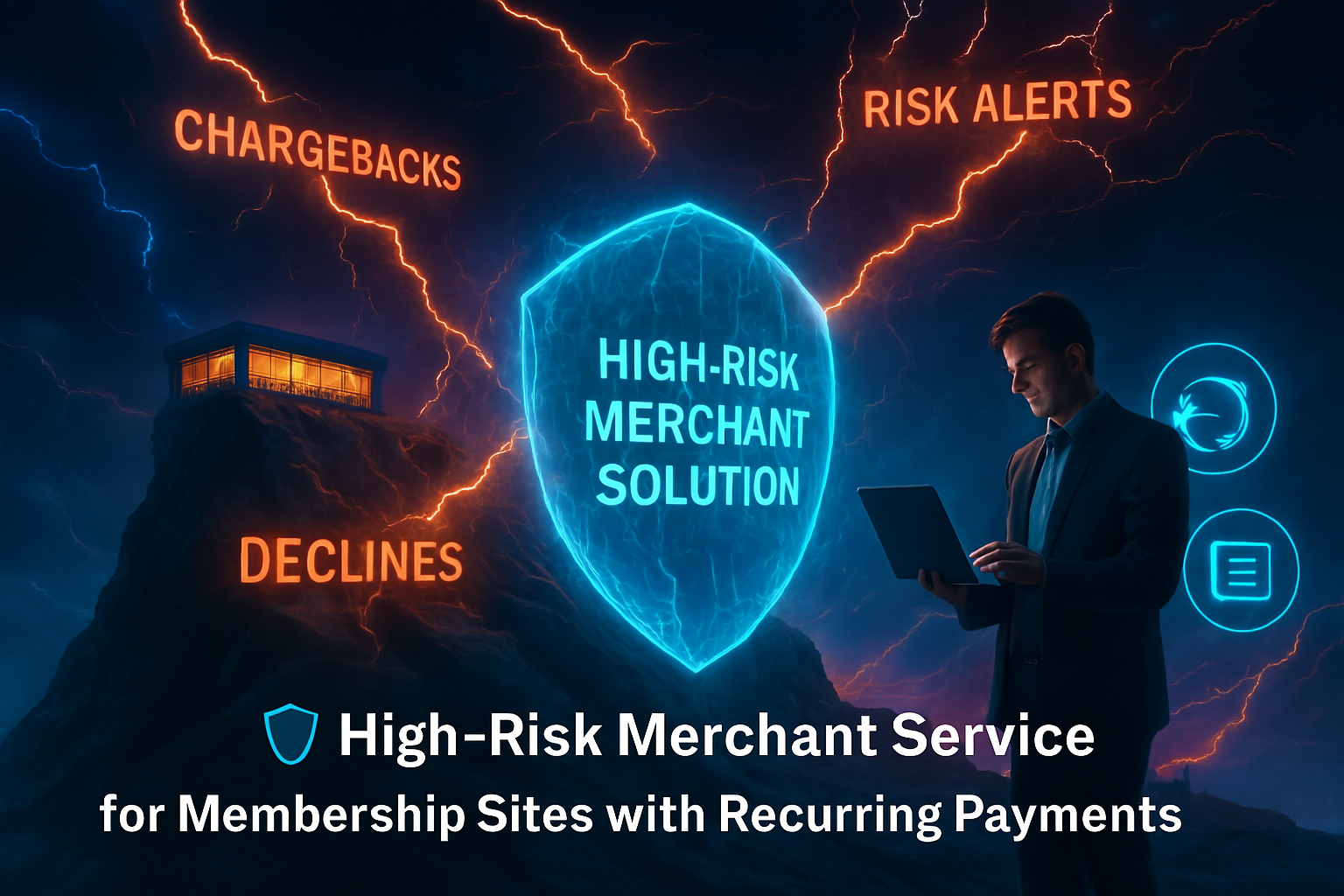 A group of three business professionals stands in front of a futuristic dam, with a large glowing screen overhead displaying