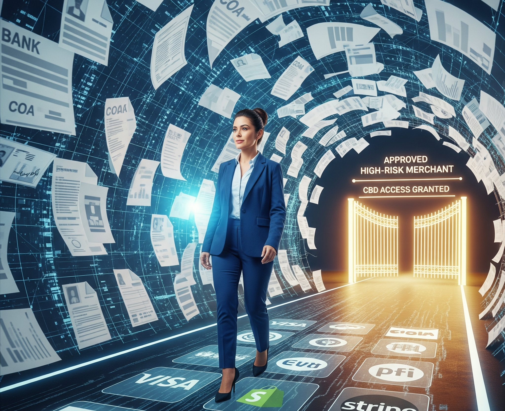 This image features a confident businesswoman in a blue suit walking through a futuristic, digital tunnel. The walls of the tunnel are adorned with flowing documents and data, while the floor displays various payment logos such as Visa, Stripe, and others. Ahead, glowing golden gates are visible, marked with