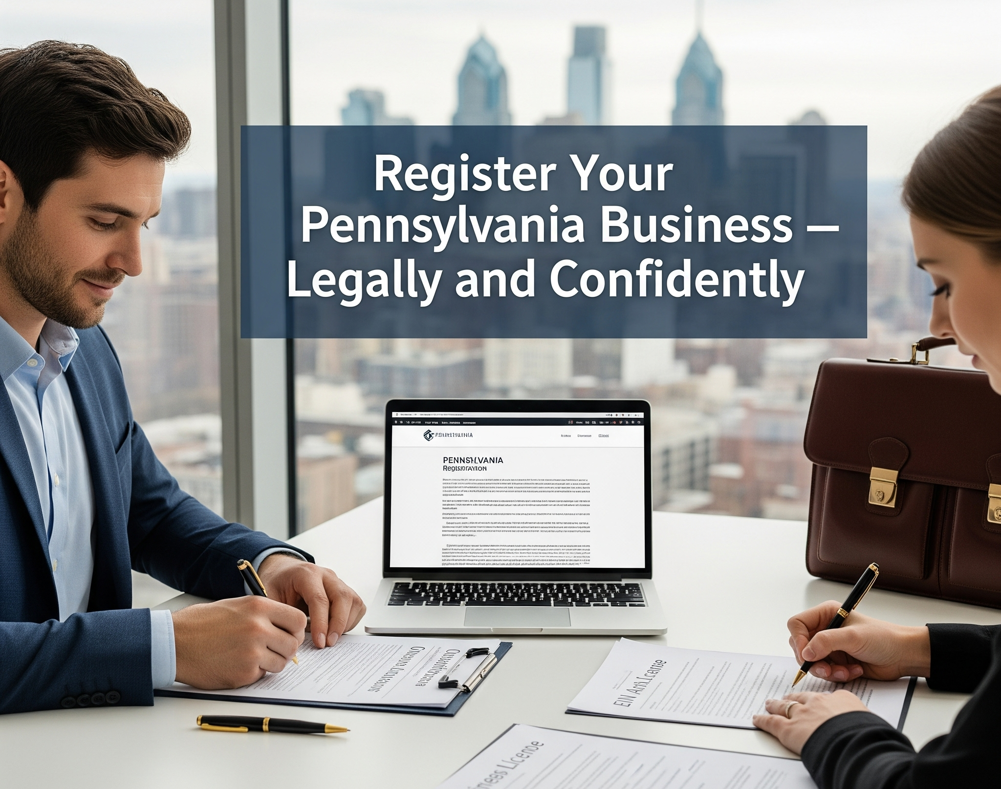 Two people, a man and a woman, are seated at a white table in an office with large windows overlooking a city skyline. Both are signing documents. A laptop showing a 'Pennsylvania Registration' form is open between them. The man is on the left, wearing a blue suit, and the woman is on the right, wearing a dark top, with a brown briefcase beside her. The text 'Register Your Pennsylvania Business – Legally and Confidently' is overlaid on the image.