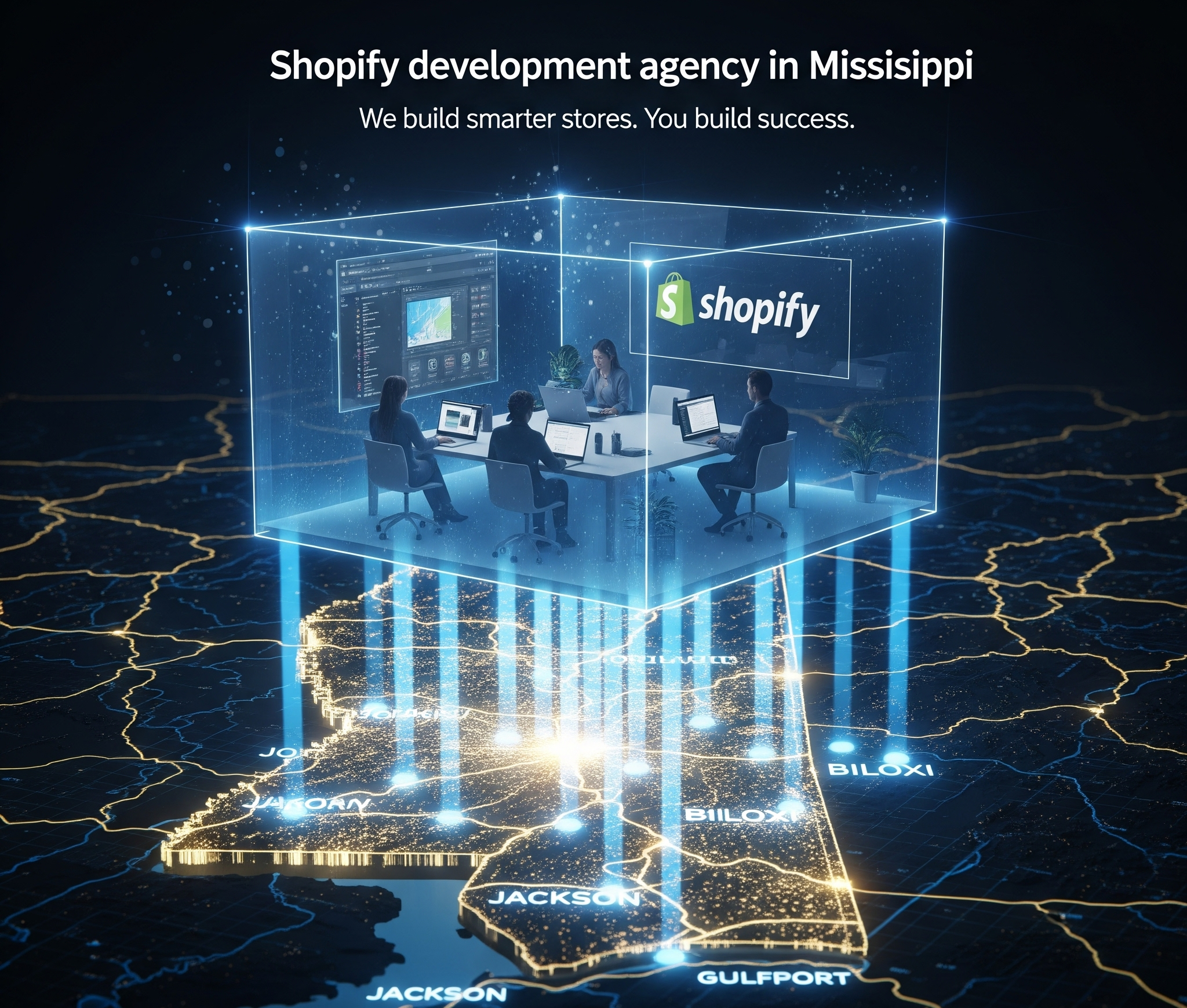 Зображення, що зображує агентство з розробки Shopify у Міссісіпі. Команда людей співпрацює в світячому, прозорому кубі, який представляє агентство. Цей куб розташований над цифровою, каркасною картою Міссісіпі, з яскравими лініями та точками світла, що з'єднують агентство з ключовими містами, такими як Джексон, Білоксі та Галфпорт, символізуючи їх цифровий охоплення та обслуговування по всьому штату. Текст