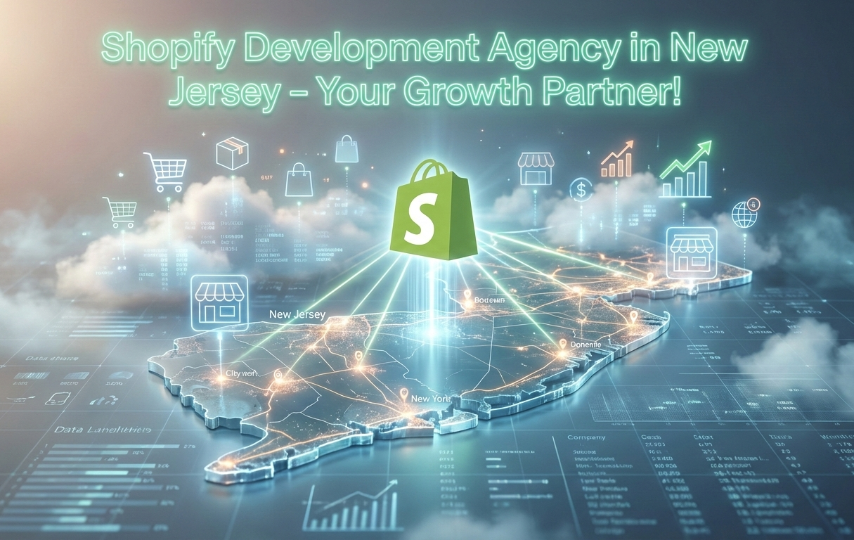 This digital illustration showcases a 3D glowing map of New Jersey with various e-commerce icons like shopping carts and storefronts floating above it. A large green Shopify logo sits at the center, radiating light beams that connect to different cities across the state. The text 