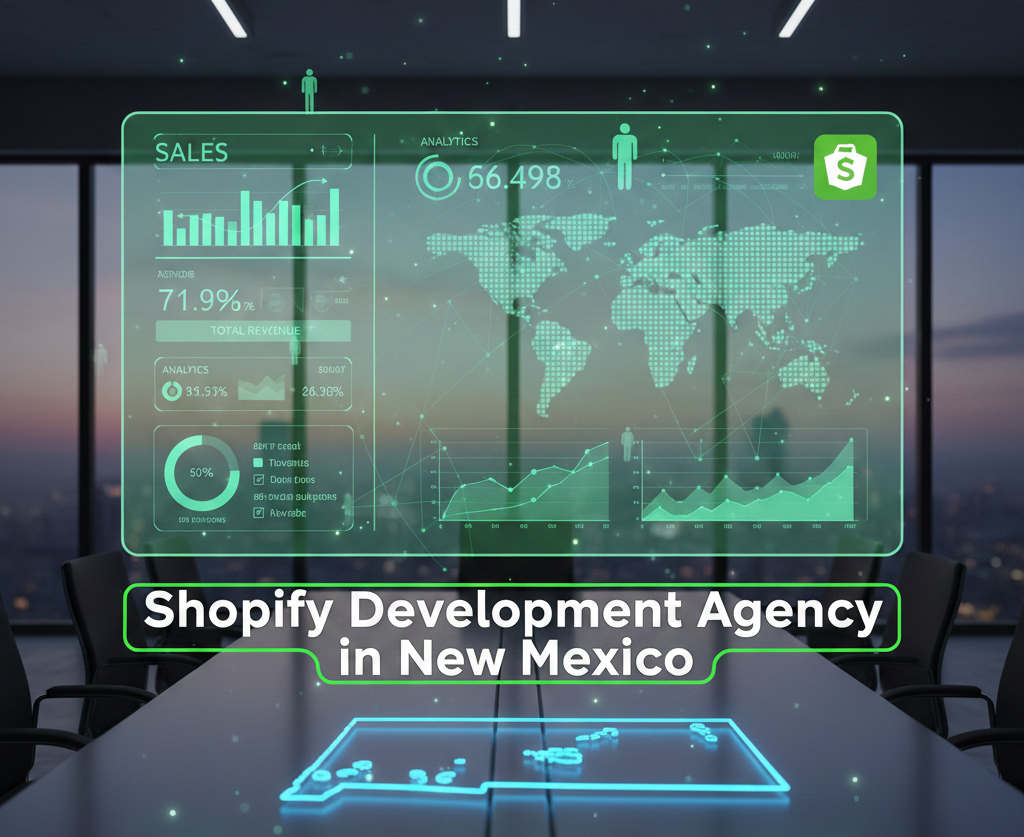 This digital illustration features a panoramic aerial view of a North Carolina cityscape, centered under a glowing blue dome of light and data networks. An outline of the state of North Carolina is suspended in the sky, integrated with the green Shopify logo and various tech icons like APIs and shopping carts. The overall composition highlights the concept of a 