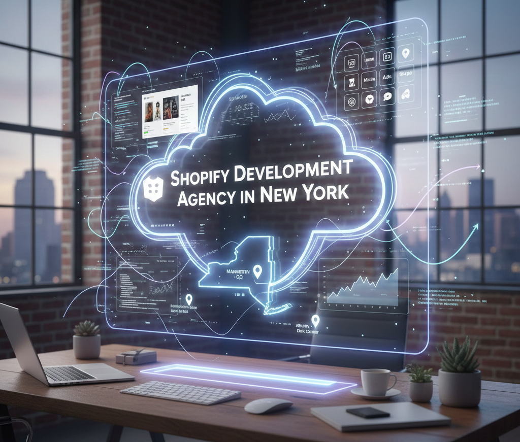 A futuristic holographic display floats above a modern wooden desk in an office with large windows overlooking a city. The hologram features a large cloud shape containing the text 