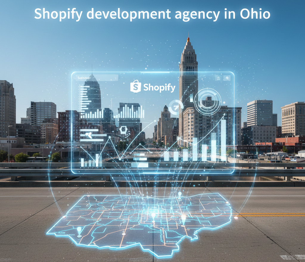The image showcases a vibrant city skyline under a clear blue sky, with a digital Shopify dashboard overlaying the center of the frame. Below the dashboard, a glowing neon map of Ohio rests on the ground, with data points connecting the local geography to the digital analytics above. Large white text at the top of the image promotes a 