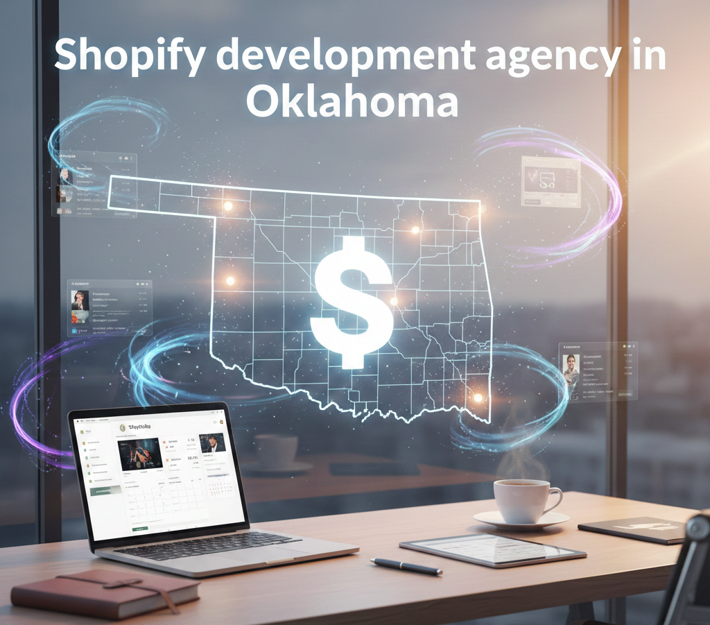 The image shows a professional office setting with a laptop, tablet, and a steaming cup of coffee on a desk overlooking a window. Above the desk, the text 