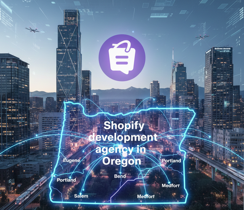This digital graphic features a futuristic, high-tech cityscape of Oregon with a glowing blue outline of the state map superimposed over the buildings. The text 