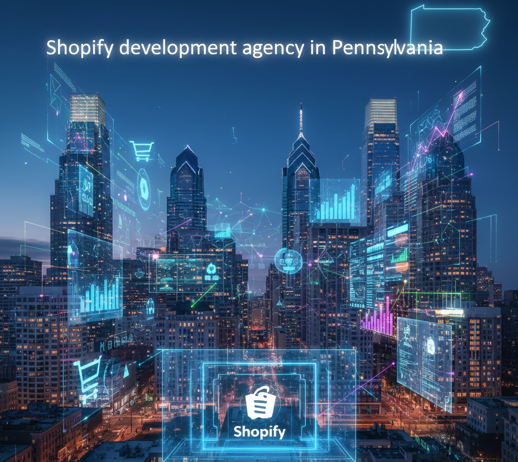 This digital illustration features a high-tech, futuristic view of the Philadelphia skyline at dusk, overlaid with glowing blue and purple data visualizations and e-commerce icons. The text 