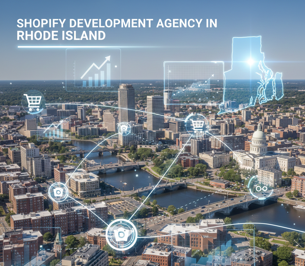 An aerial cityscape of Providence, Rhode Island, is overlaid with a digital blue interface featuring e-commerce icons, data charts, and a glowing outline of the state. The text 