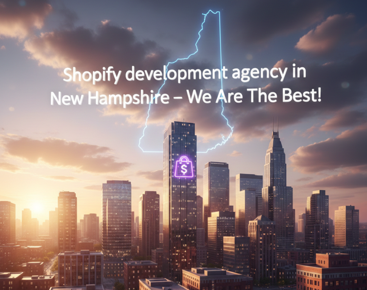 An AI-generated sunset cityscape features a glowing neon outline of the state of New Hampshire in the sky. The central skyscraper displays a purple neon Shopify bag icon, with the text 