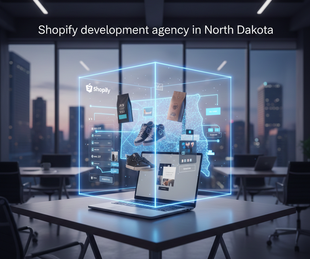A laptop sits on a desk in a modern office, projecting a glowing 3D holographic cube that contains product images like shoes and coffee bags. Behind the products, a digital map of North Dakota and the Shopify logo are visible, highlighting the intersection of local business and global e-commerce. The background shows a blurred city skyline at dusk, reinforcing the professional atmosphere of a development agency.