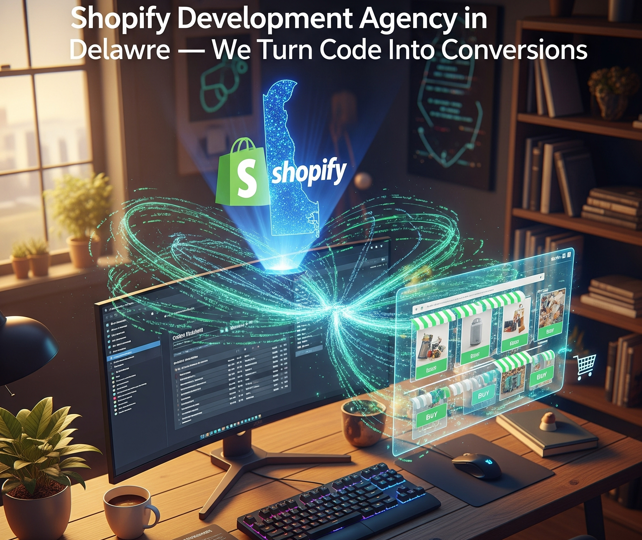 Це зображення представляє «Агентство розробки Shopify у Делавері» з гаслом «Ми перетворюємо код у конверсії». Голографічний, піксельний контур Делавера та логотип Shopify із зеленою сумкою для покупок центрально проєктовані над комп’ютерною установкою. Монітор відображає код, тоді як прозорий цифровий інтерфейс показує курований онлайн-магазин із кнопками «Купити», ілюструючи орієнтацію агентства на перетворення розробки у успішні результати електронної комерції.