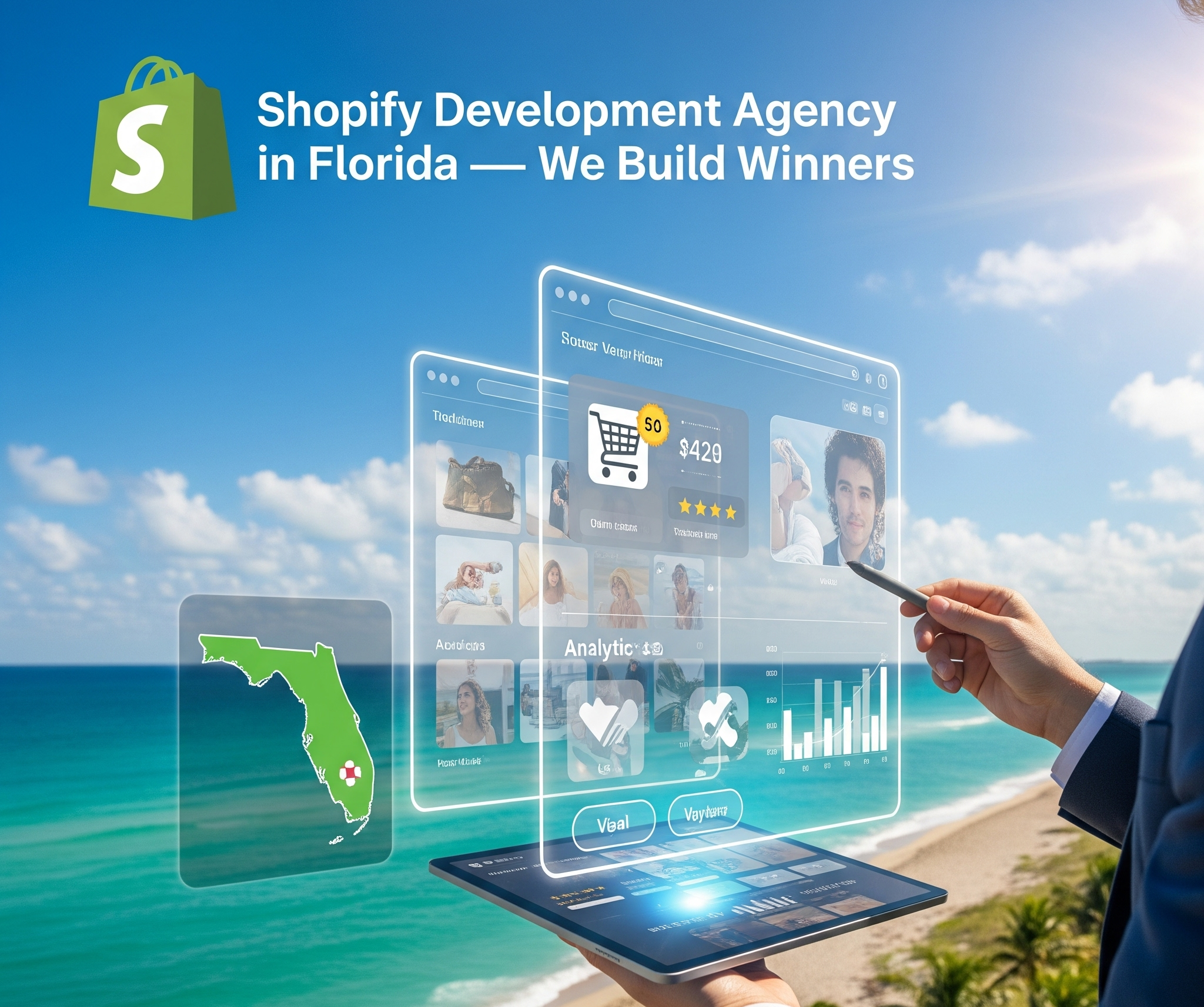 Це зображення рекламує «Агентство розробки Shopify у Флориді - Ми створюємо переможців». Людина в костюмі тримає планшет, на якому відображаються аналітика електронної комерції та профілі клієнтів, накладені прозорими цифровими інтерфейсами з кошиками для покупок і деталями продуктів. Стилізована зелена карта Флориди з іконкою мішені видна в нижньому лівому куті, все це на тлі сонячного пляжу з ясним блакитним небом, що натякає на успішний онлайн-бізнес, який працює в межах штату.