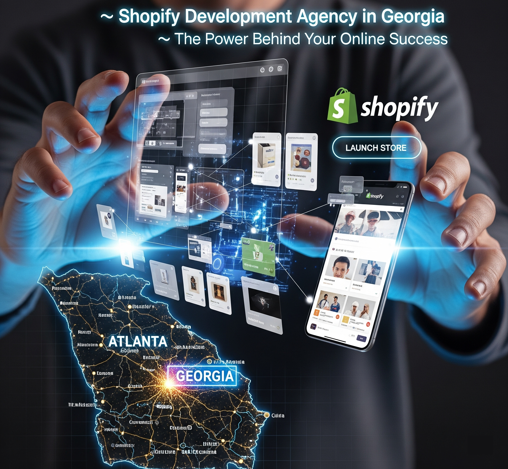 Это изображение изображает «Агентство разработки Shopify в Джорджии» как «Силу за вашим онлайн-успехом». На нем показаны руки, взаимодействующие с голографическим дисплеем, который проецирует различные элементы электронной коммерции, включая изображения продуктов, кнопку «Запустить магазин» и мобильный телефон с интерфейсом Shopify. Внизу показана подробная карта Джорджии с выделенными ключевыми городами, такими как Атланта, подчеркивая географическую направленность агентства и их роль в поддержке бизнеса в штате.