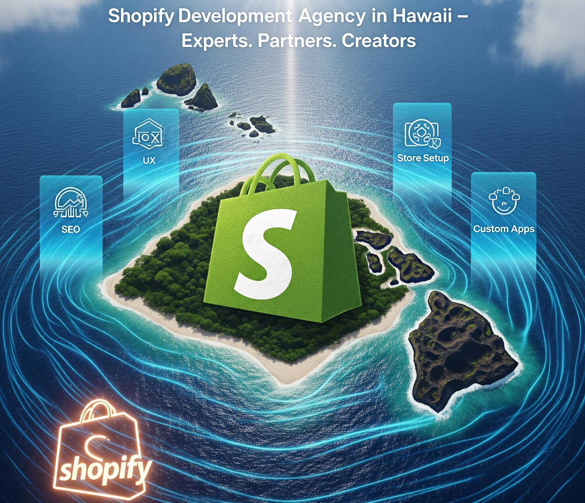 Это изображение рекламирует «Агентство разработки Shopify на Гавайях» как «Экспертов. Партнеров. Создателей.» На нем изображена стилизованная 3D-карта Гавайских островов с большой зеленой сумкой для покупок Shopify, заметно расположенной на главном острове, символизируя центральную роль агентства. Вокруг островов расположены светящиеся синие панели с ключевыми услугами, такими как «SEO», «UX», «Настройка магазина» и «Пользовательские приложения», подчеркивая комплексный подход к развитию электронной коммерции на Гавайях.