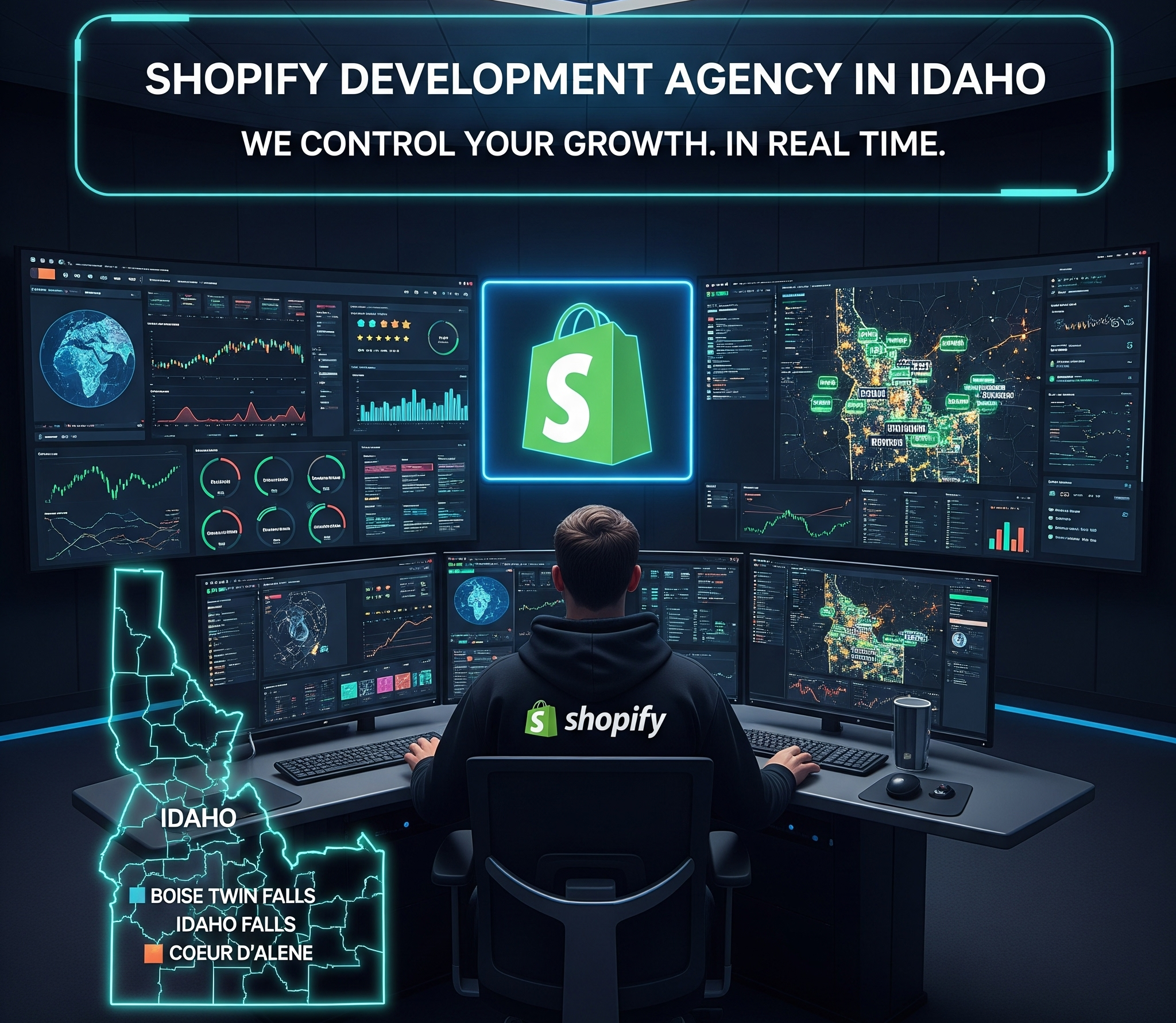 Это изображение демонстрирует «Агентство разработки Shopify в Айдахо», которое заявляет: «Контролируйте свой рост. В реальном времени.» На нем изображен человек в худи Shopify, сидящий за рабочей станцией с несколькими мониторами, активно отслеживающий различные панели электронной коммерции с диаграммами, графиками и картами разных регионов. Над экранами расположен заметный светящийся значок сумки для покупок Shopify, а в отдельном разделе выделена контурная карта Айдахо с ключевыми городами, такими как Бойсе, Твин-Фоллс, Айдахо-Фоллс и Кер-д’Ален, подчеркивая географическую направленность агентства и ориентированный на данные подход.