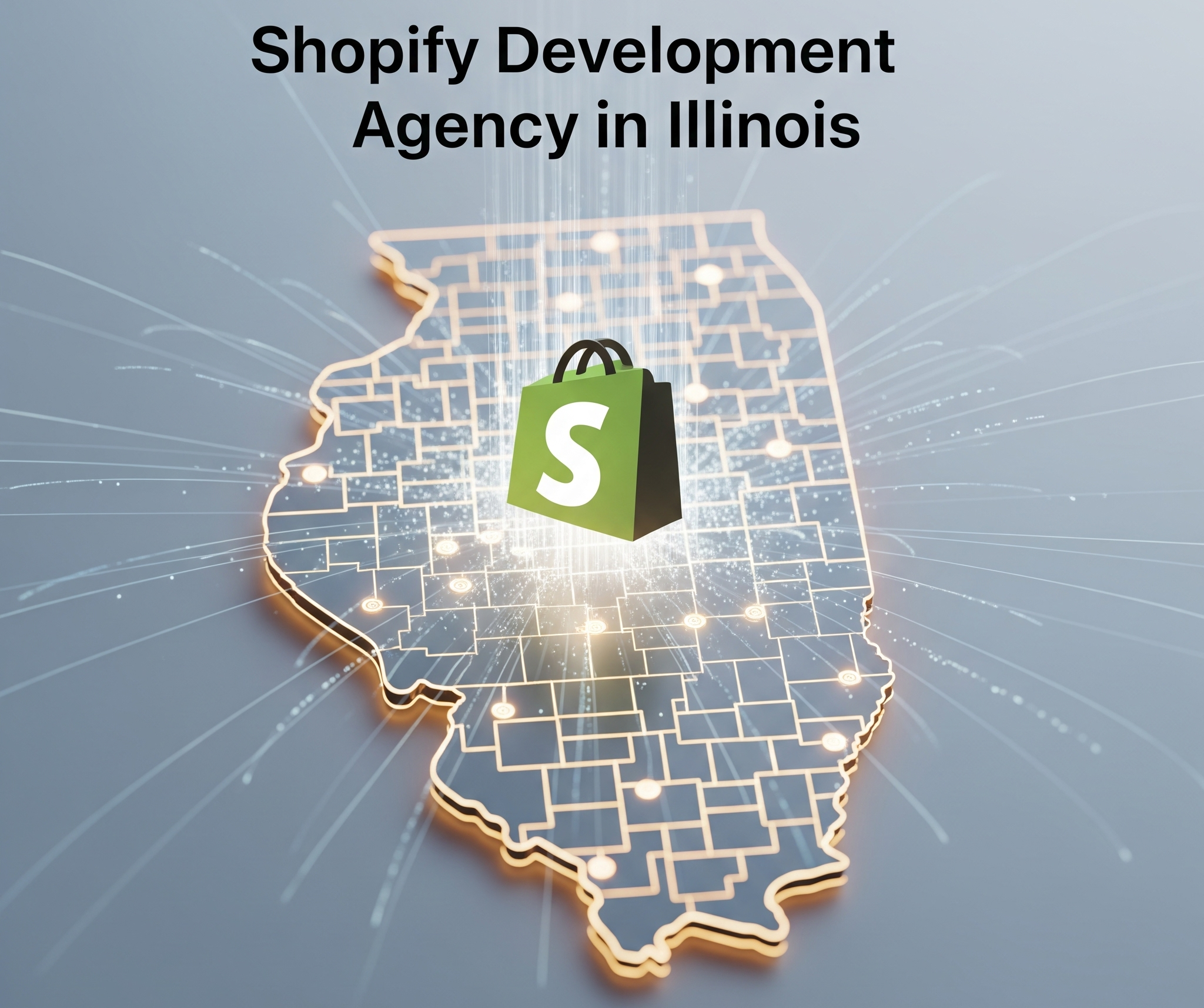Це зображення рекламує «Агентство розробки Shopify в Іллінойсі». Воно містить світловий контур карти Іллінойсу з центральною іконкою сумки для покупок Shopify, що випромінює світло та енергію назовні, символізуючи охоплення та вплив. Фон — градієнт від сірого до темно-сірого, що підкреслює освітлену карту та логотип. Візуал передає сильний акцент на розробці електронної комерції в штаті Іллінойс.