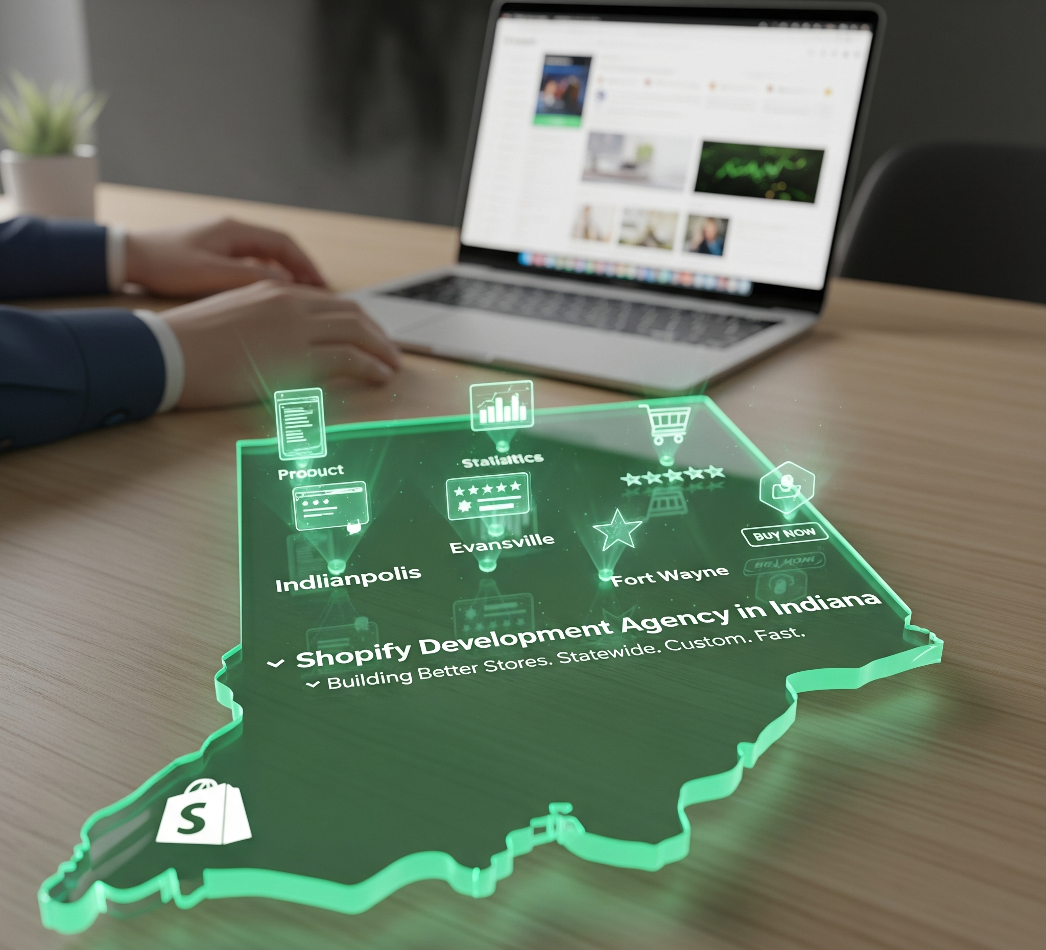 Це зображення ілюструє «Агентство розробки Shopify в Індіані», яке «Створює кращі магазини. По всьому штату. Індивідуально. Швидко.» На ньому зображена світло-зелена контурна карта Індіани з позначеними основними містами, накладена на стіл з ноутбуком на задньому плані. Різні іконки електронної комерції, такі як «Продукт», «Статистика», «Рейтинги» та кнопки «Купити зараз», розкидані по карті, підкреслюючи комплексні послуги агентства для онлайн-магазинів по всьому штату.