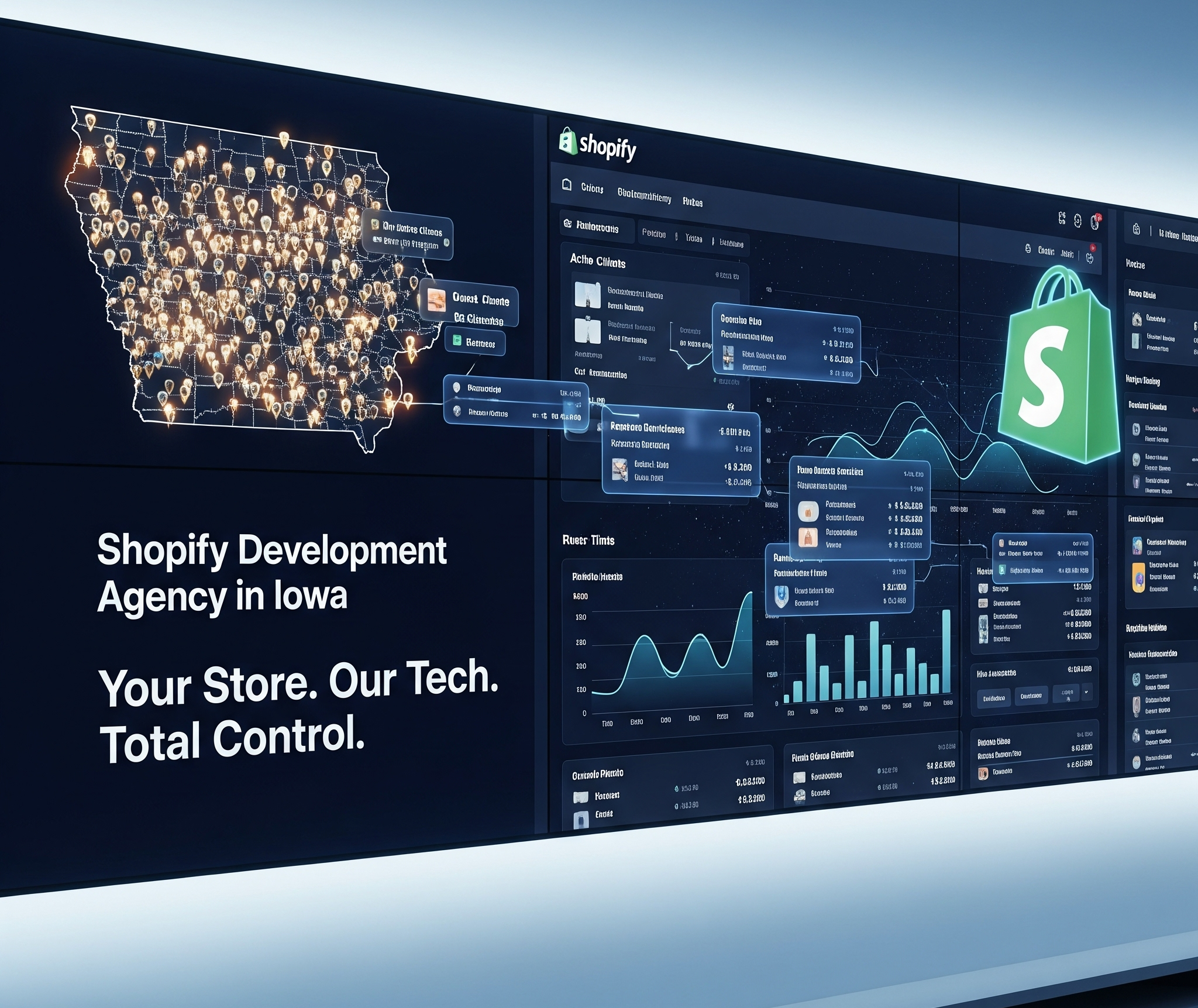 Це зображення рекламує «Агентство розробки Shopify в Айові» з гаслом «Ваш магазин. Наша технологія. Повний контроль.» На ньому зображено великий темний цифровий інтерфейс, що відображає різноманітну аналітику електронної комерції, включаючи графіки, дані клієнтів і показники продажів. Помітний логотип сумки для покупок Shopify інтегрований у дисплей, поряд із картою Айови, заповненою численними світловими точками, що вказують на широке поширення клієнтів і потік даних у штаті.