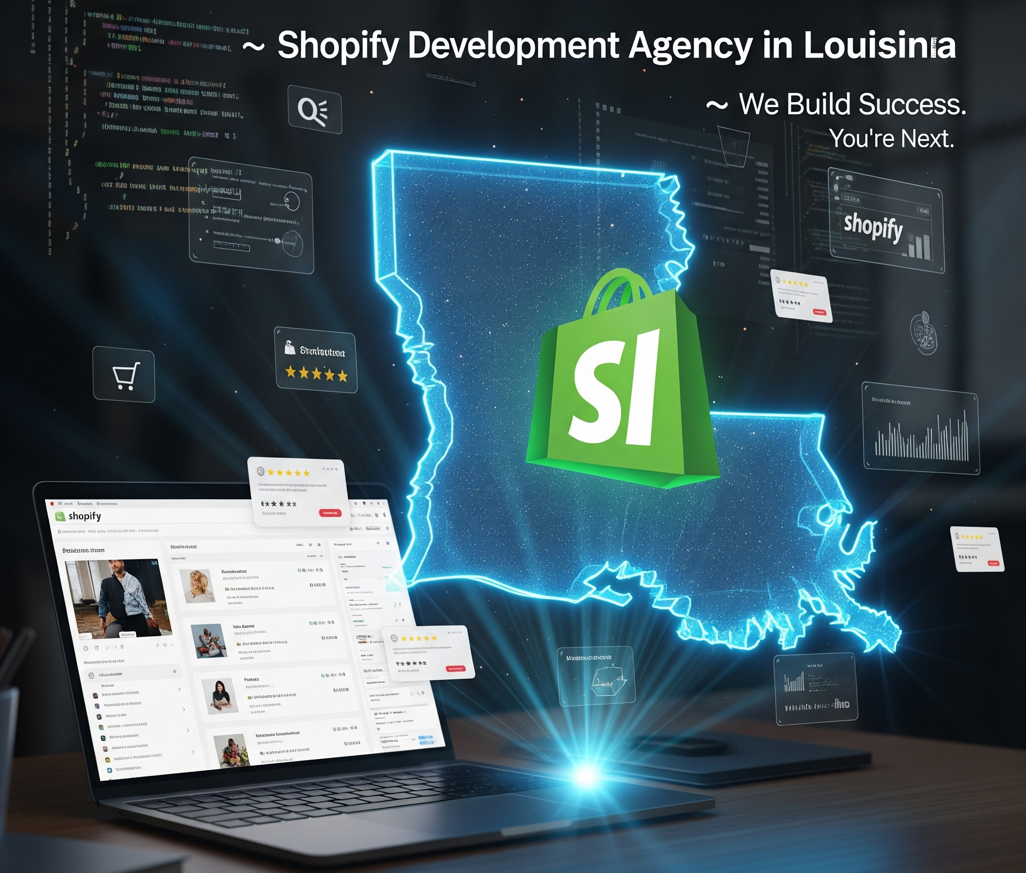 Это изображение для «Агентства разработки Shopify в Луизиане» демонстрирует большой вертикальный экран смартфона в обстановке художественной галереи, отображающий интерфейс магазина Shopify с разнообразными категориями товаров, такими как абстрактное искусство, музыка и еда, под заголовком «Новый Орлеан». На заднем плане видны люди, рассматривающие искусство, в то время как экран телефона выделяет интерактивные функции, такие как «Перетащите, чтобы примерить» и «Нажмите для аудиопробы», подчеркивая увлекательный и удобный для пользователя опыт электронной коммерции.