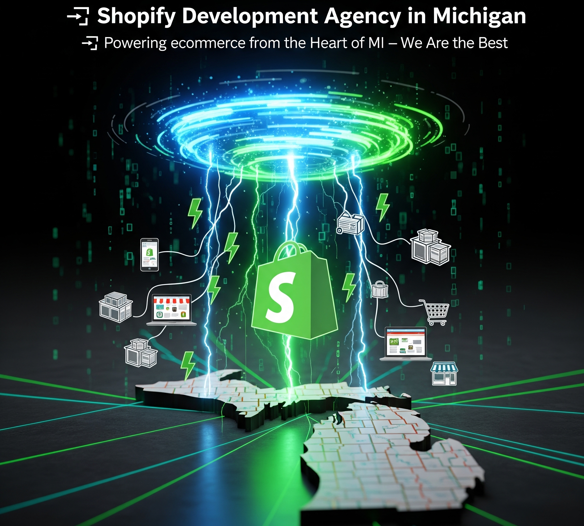 Яркая цифровая иллюстрация демонстрирует агентство по разработке Shopify в Мичигане. Центральный, светящийся значок сумки для покупок Shopify излучает энергию в сторону стилизованной карты Мичигана, окружённой голографическими значками, символизирующими различные услуги электронной коммерции и онлайн-шоппинг. Сцена передаёт мощный и инновационный подход к «Поддержке электронной коммерции из сердца Мичигана».
