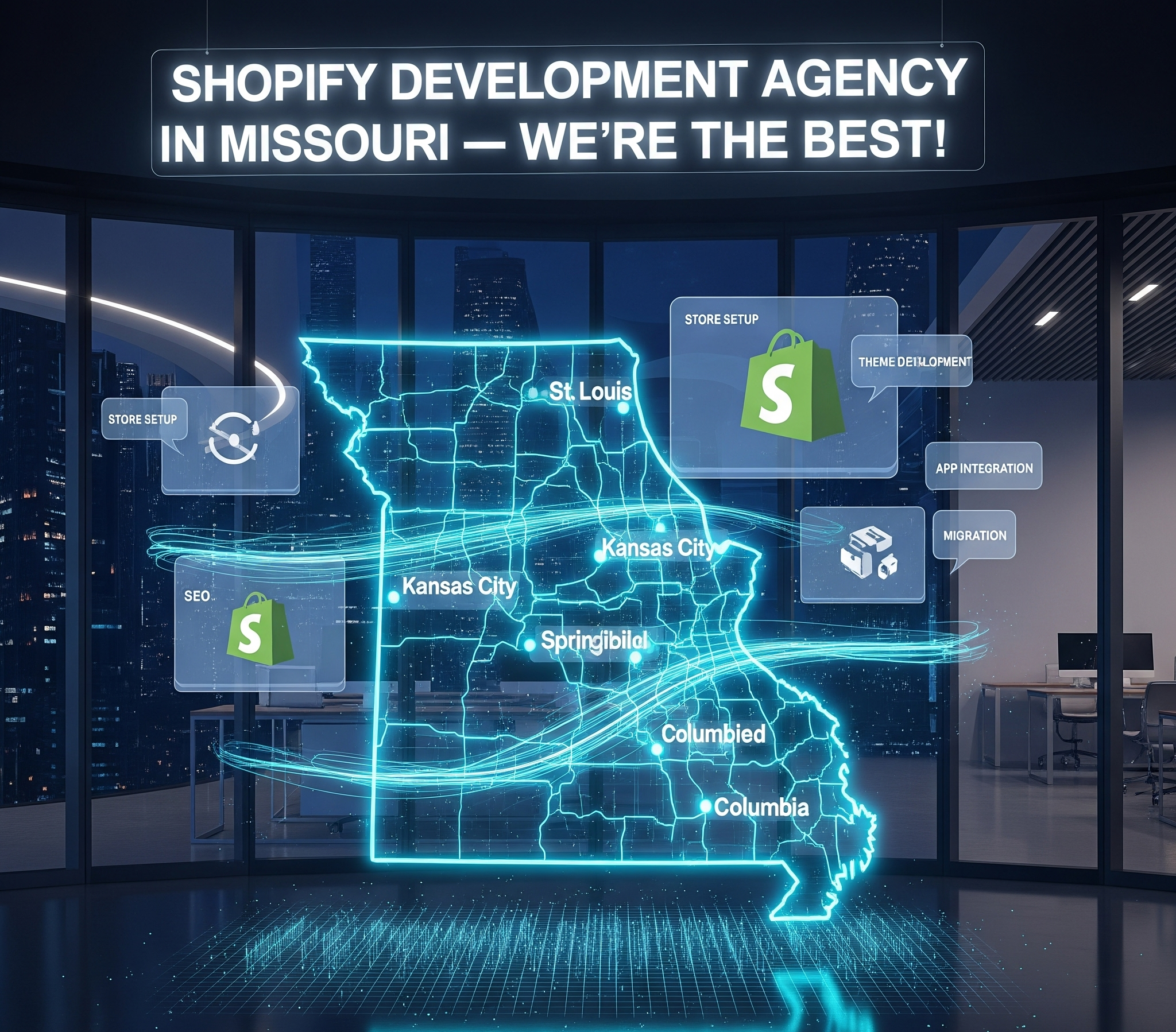Иллюстративное изображение для агентства по разработке Shopify в Миссури. Центральным элементом является светящаяся голографическая карта штата с отмеченными ключевыми городами, такими как Сент-Луис, Канзас-Сити и Колумбия. Вокруг карты плавают различные иконки услуг, такие как «Настройка магазина», «Разработка темы» и «SEO», указывая на предложения агентства. Изображение выполнено в современном офисном окружении, с текстом «Агентство по разработке Shopify в Миссури — мы лучшие!» ярко отображенным вверху.