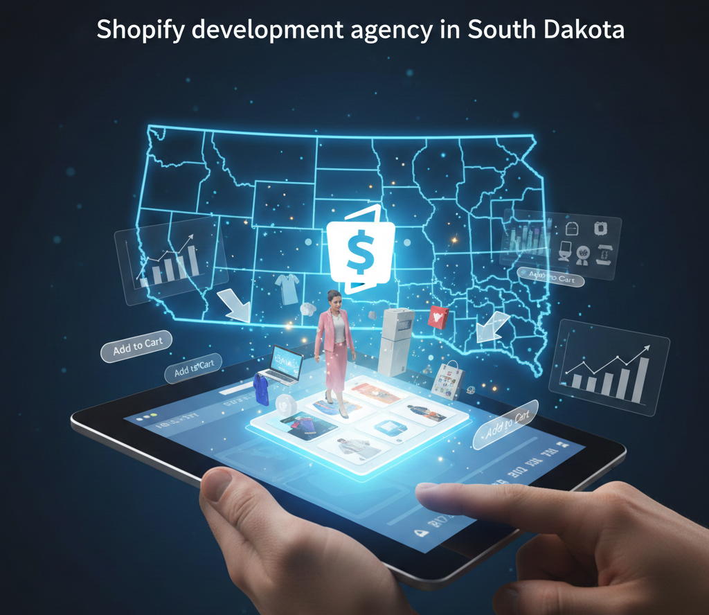 A person holds a tablet displaying a glowing, interactive e-commerce interface with floating 