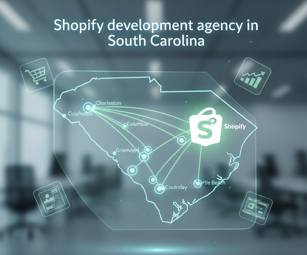 A transparent digital display features an interactive map of South Carolina with lines connecting various cities like Charleston, Columbia, and Myrtle Beach. A bright Shopify logo sits prominently on the right, surrounded by floating icons for shopping carts and analytics graphs. The text 