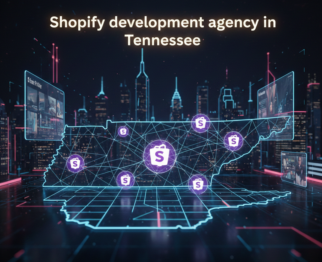 A pair of hands holds a large tablet displaying a vibrant, 3D interactive e-commerce scene with floating product icons and 