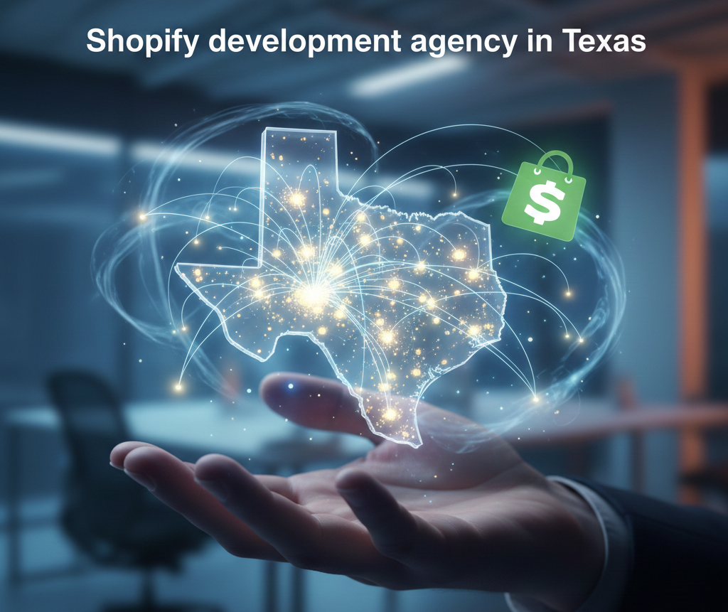 A person's hand holds a glowing, holographic map of Texas filled with interconnected light points and data streams. A green digital shopping bag with a white dollar sign floats to the right of the map, symbolizing e-commerce and retail growth. The text 