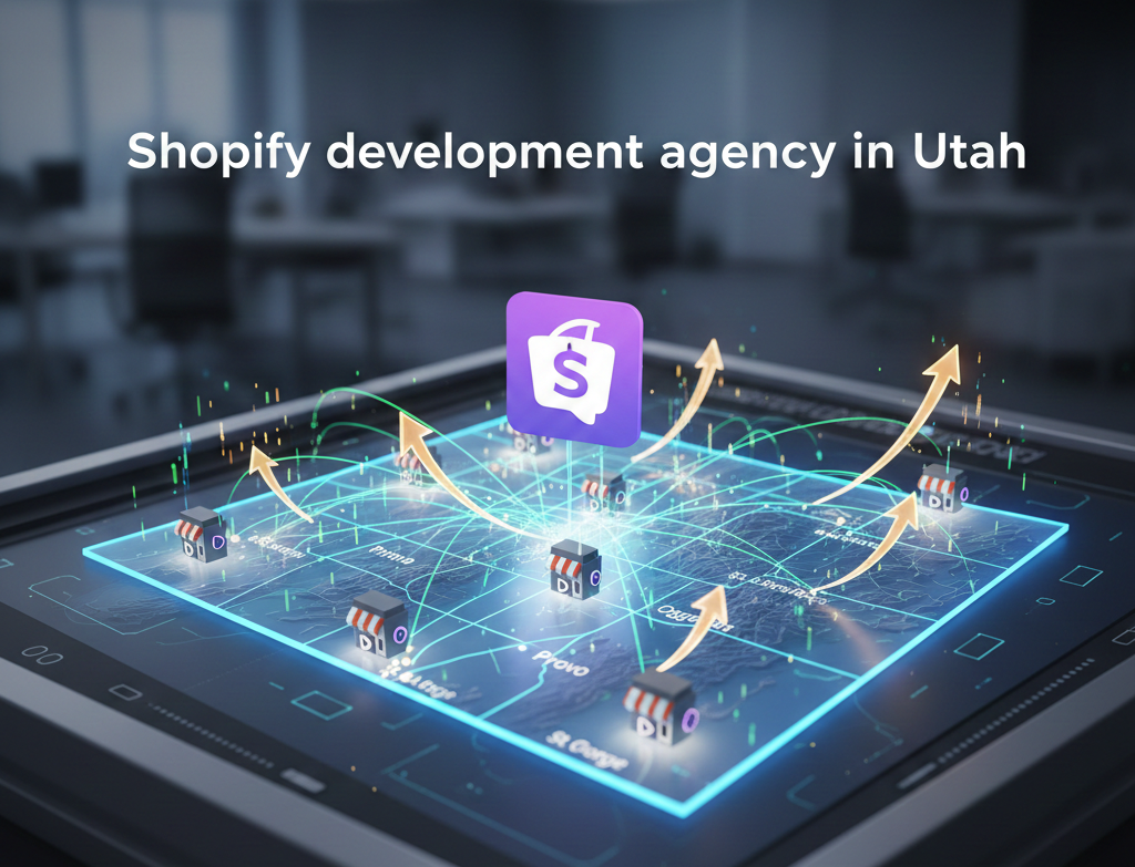 A high-tech digital tablet displays a glowing blue 3D map of Utah with various store icons and rising gold arrows indicating growth. A purple Shopify-style logo floats in the center of the screen, connected to different locations by a network of light trails. The text 