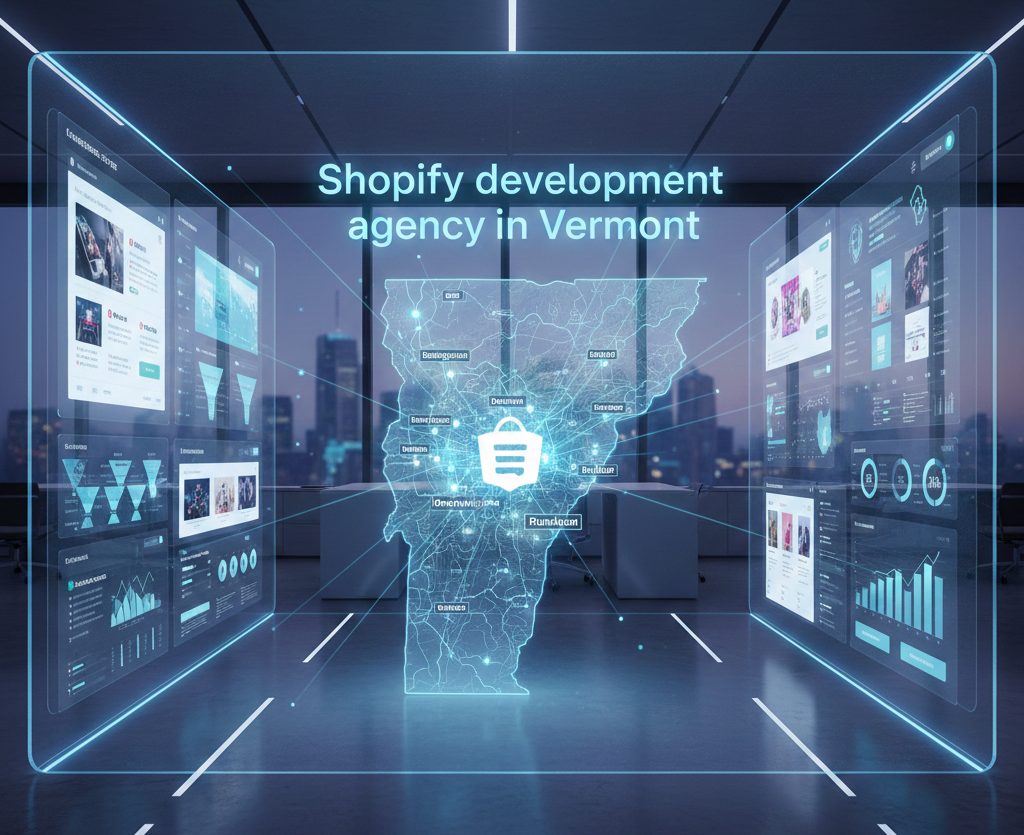 In a modern office overlooking a city at night, a large digital hologram of the Vermont state map glows with a central shopping bag icon. The map is flanked by interactive floating glass panels displaying e-commerce data, charts, and website interfaces. At the top of the scene, the text 