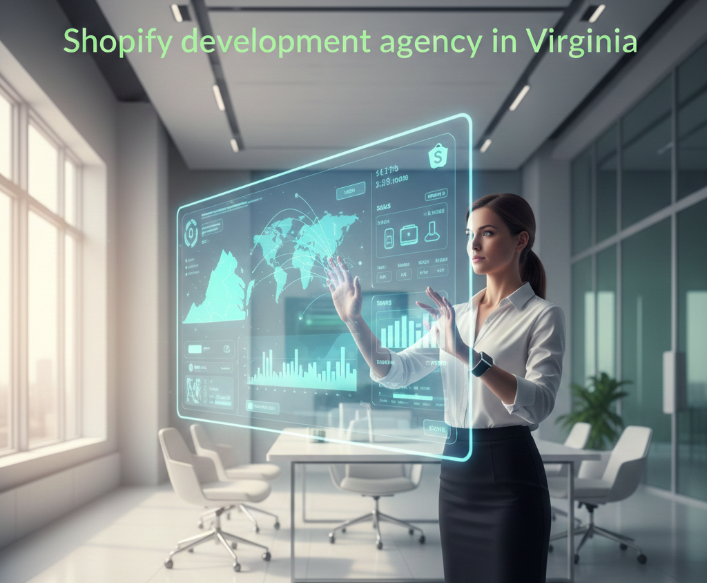 In a modern, sunlit office, a professional woman interacts with a large, glowing holographic interface displaying a world map, data charts, and Shopify-related icons. To the left of the global map, a highlighted silhouette of the state of Virginia indicates the agency's local focus. The heading 