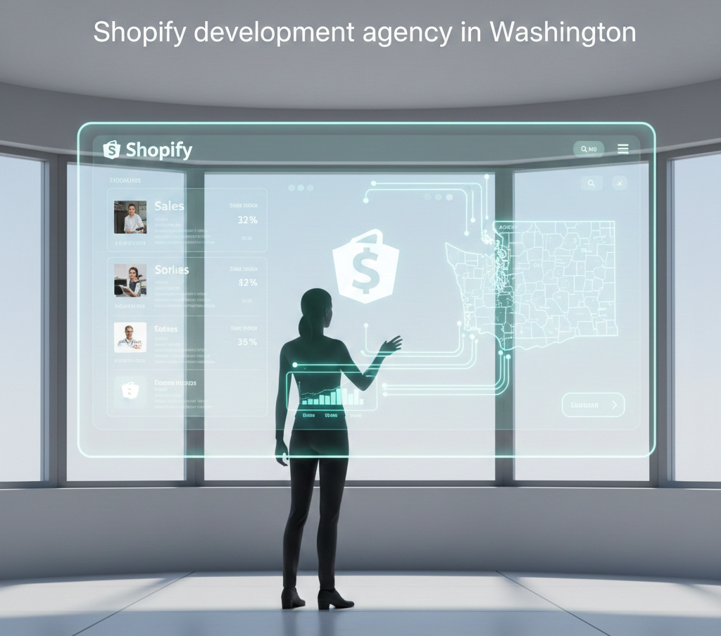 A female silhouette stands in a bright, modern office facing a large, translucent holographic screen that displays Shopify e-commerce data. The interface features sales analytics, user profiles, and a glowing map of Washington State connected to a central shopping bag icon. Above the scene, the text 
