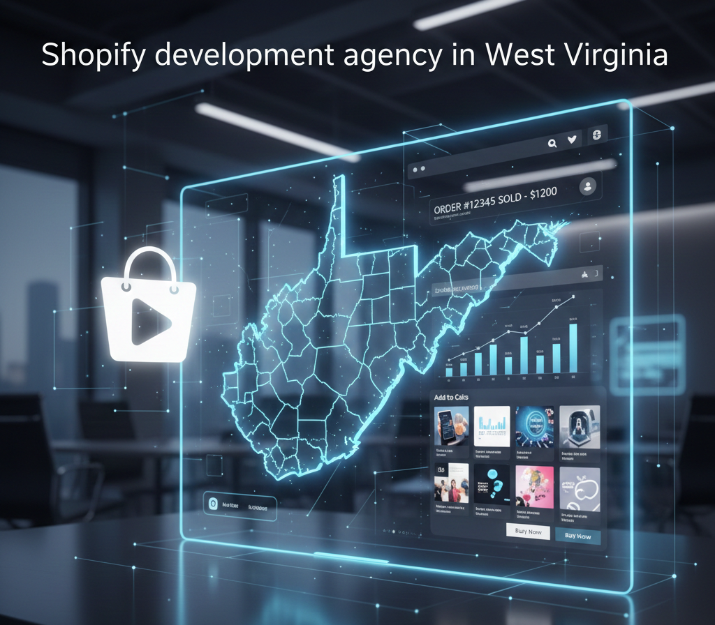 A futuristic digital display in a modern office setting showcases a neon-blue outline of West Virginia divided into counties. The interface includes e-commerce data such as order numbers, sales graphs, and a product gallery, with the header 