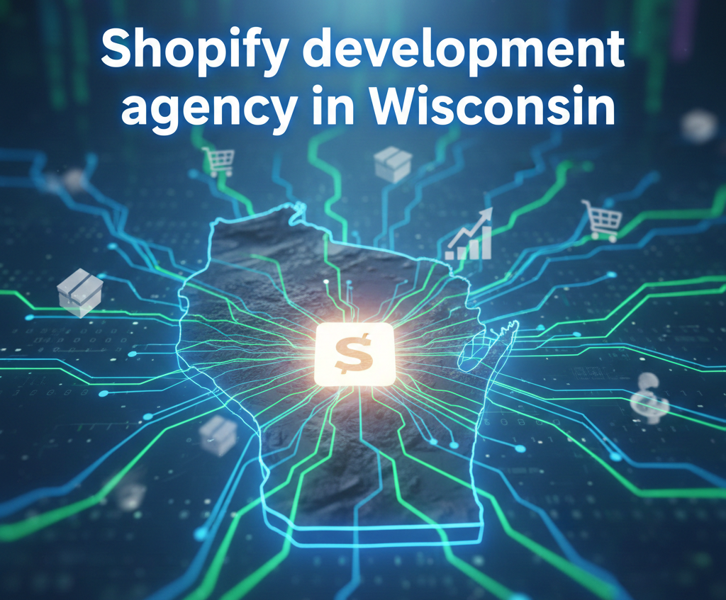 A vibrant, isometric digital city is illuminated with blue and purple neon lights, featuring detailed skyscrapers and data visualizations. At the center, a glowing white shopping bag icon with a play button stands prominently, surrounded by smaller floating icons of laptops and shopping carts. A large, bright blue neon sign hangs above the cityscape with the text 