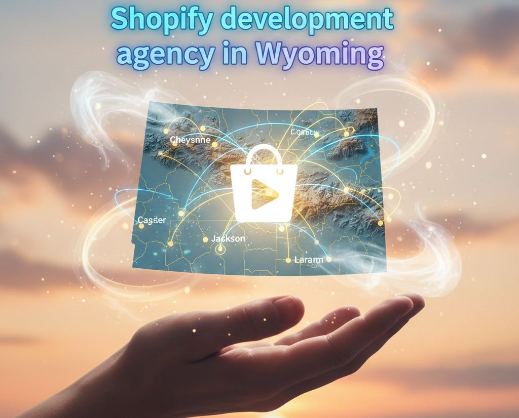 A person’s hand holds a glowing, holographic map of Wyoming that features city names like Cheyenne and Jackson connected by light trails. In the center of the map is a white shopping bag icon with a play button, surrounded by swirling golden light effects. The headline 